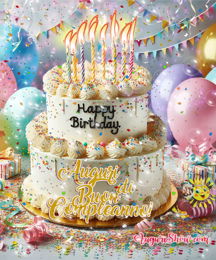 Cartolina Buon Compleanno con torta e candele accese